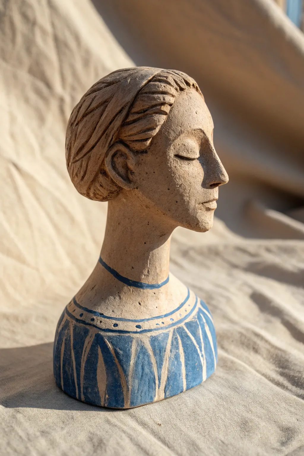 Beginner-friendly clay bust study with calm planes and bold terracotta color, studio minimalism