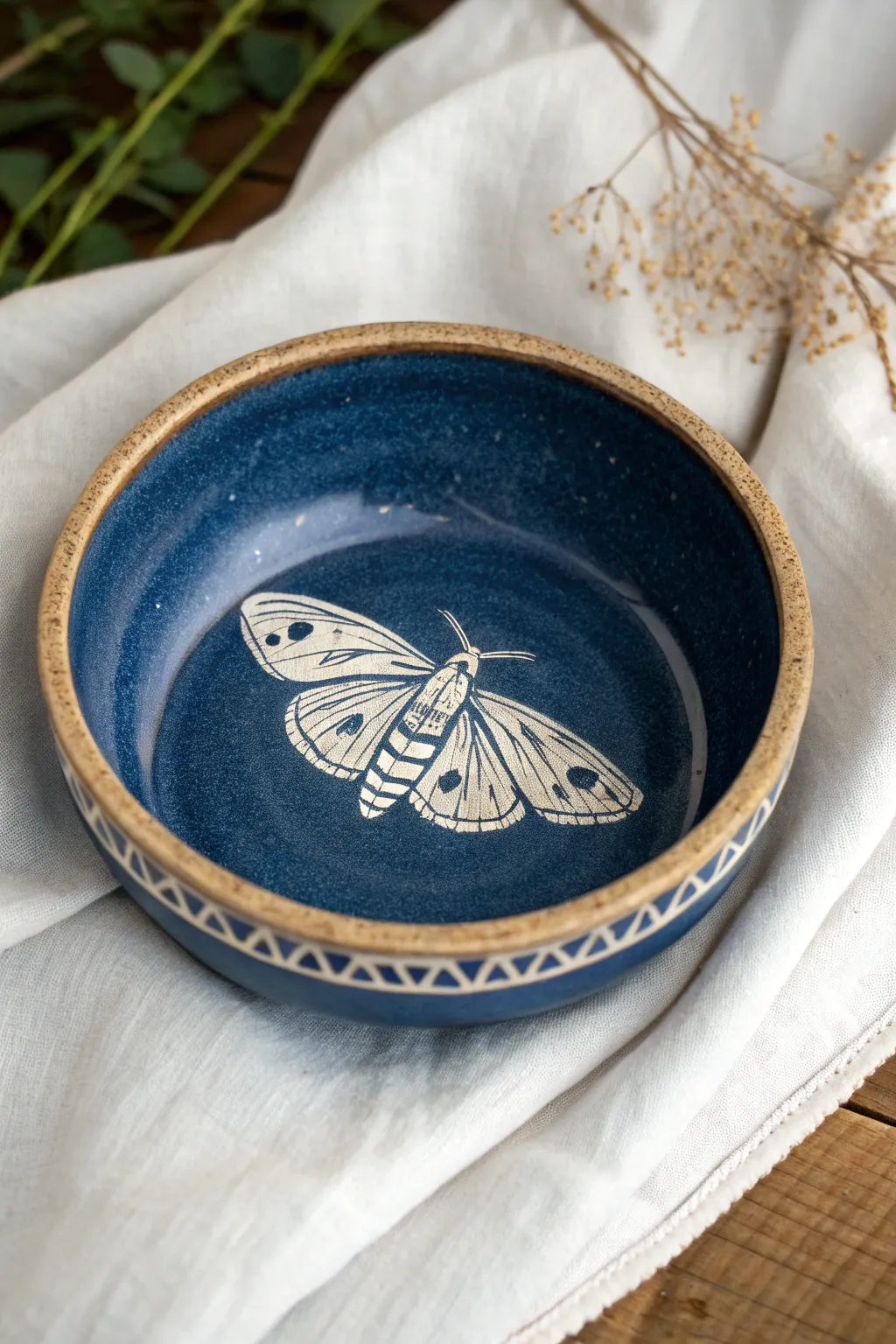 Simple sgraffito moth bowl with bold wings and clean negative space, Scandinavian-boho vibe.