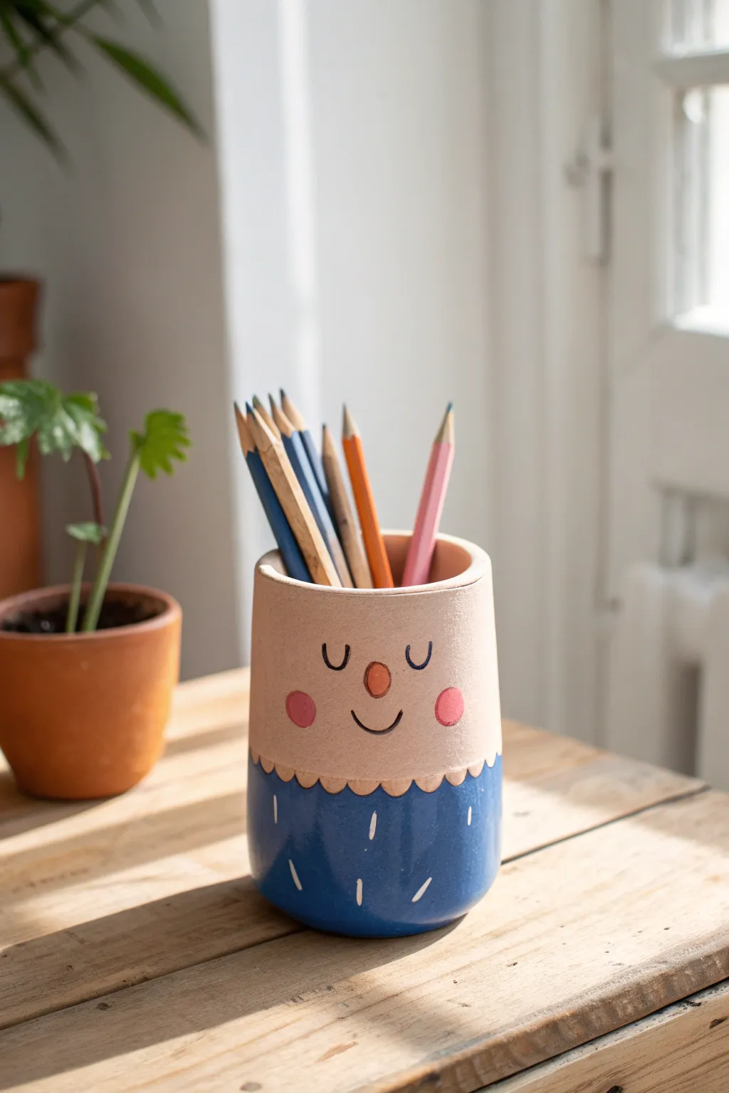 A goofy clay pencil cup with hugging arms and bold glaze—cute, simple, and desk-ready.