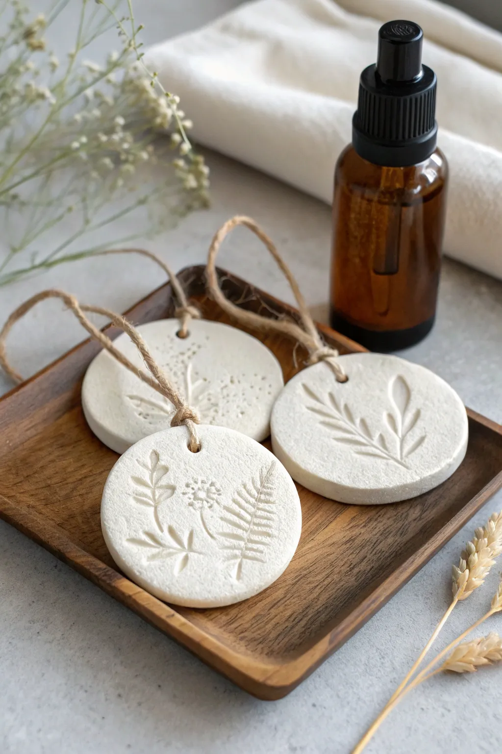 Stamped air dry clay diffuser discs styled in a minimalist tray setup with warm boho tones.
