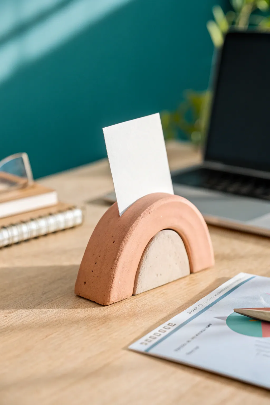 Minimal air dry clay card holder in arch shape, bold color pop, perfect beginner project.