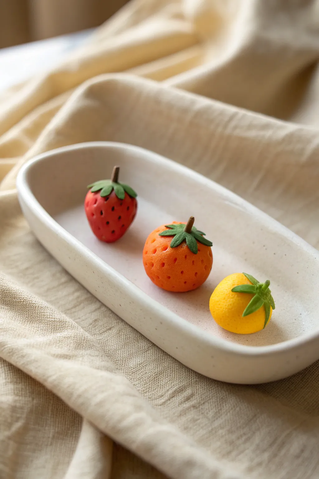 Fruit minis from simple clay shapes, styled in clean Nordic minimalism with bold color pops