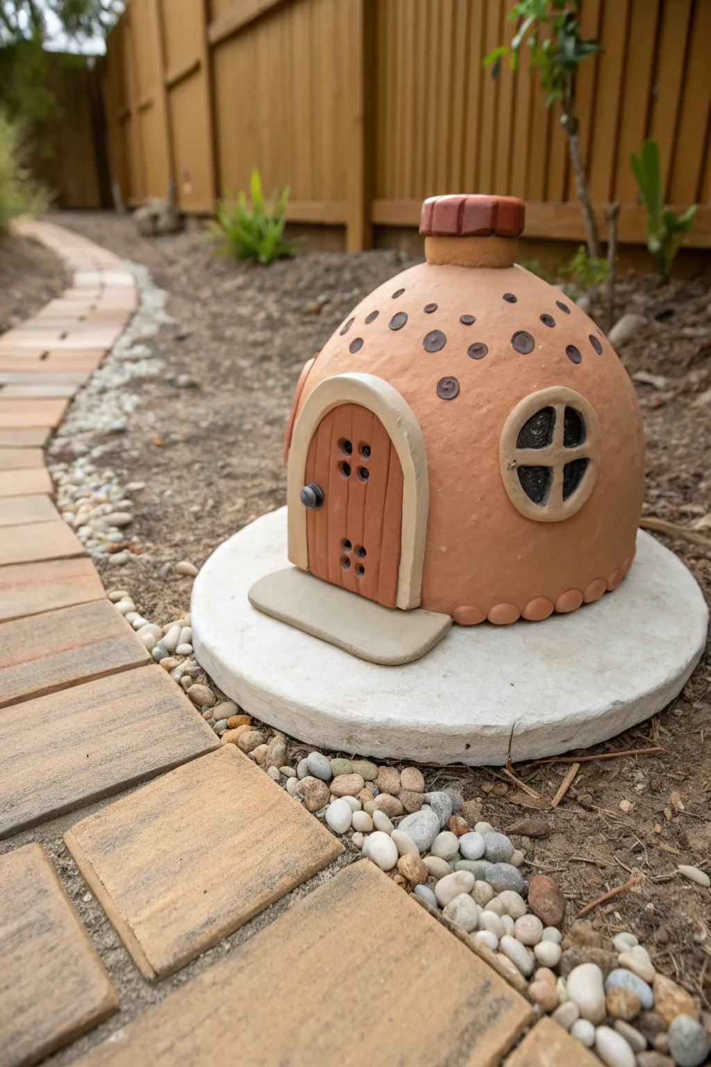 Simple clay fairy house with a tiny pebble path and textured garden patch for extra charm