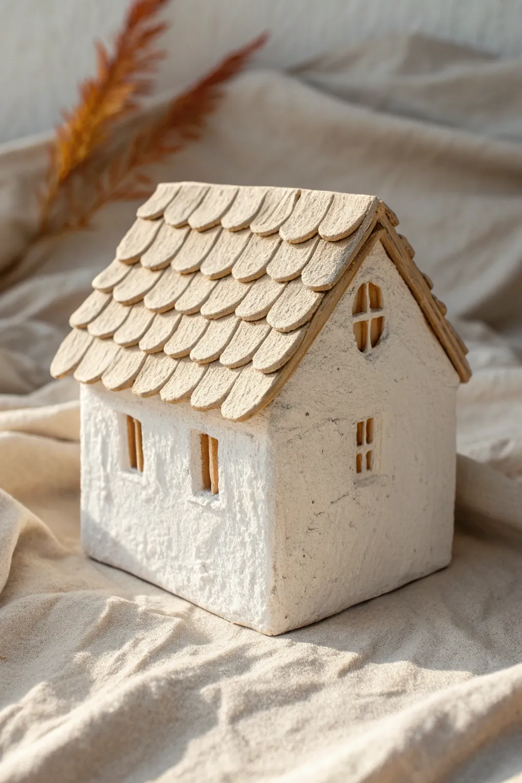 Simple clay house with an easy layered shingle roof, clean lines, and satisfying texture.