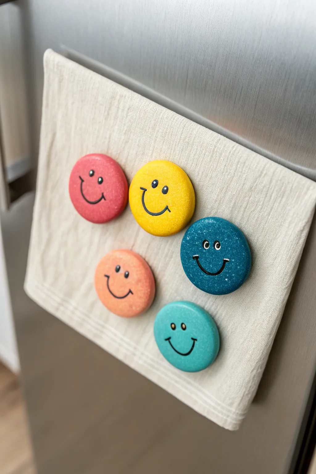Bright happy-face clay magnets add a playful pop of color to a clean, minimalist fridge.