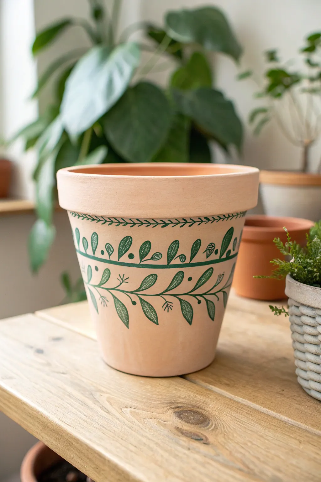 Simple leafy vine wrap: an easy, airy design that makes any terracotta pot feel fresh.