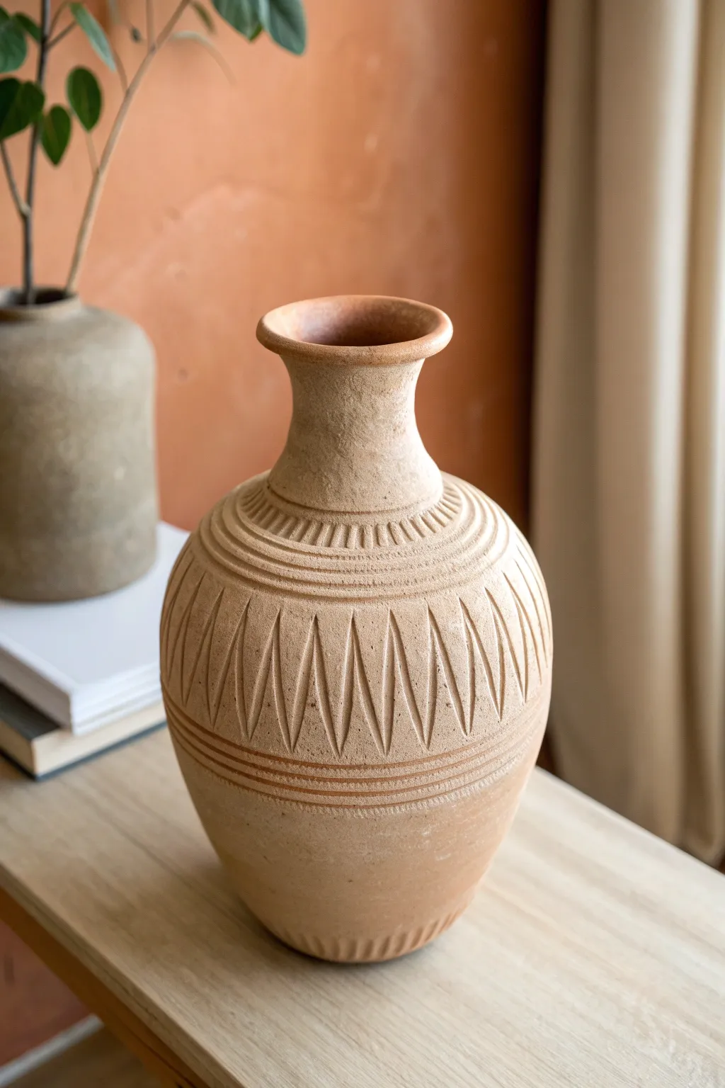 Minimal terracotta vase with clean vertical grooves, matte finish, and warm earthy contrast