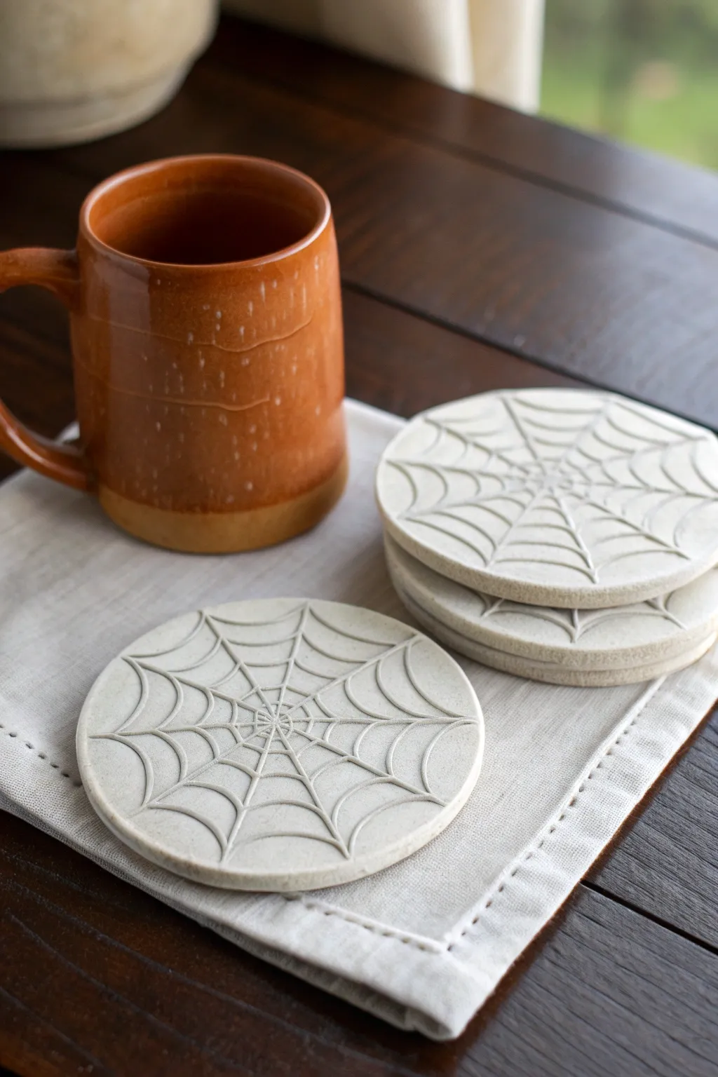 Minimal spiderweb clay coasters in soft gray, styled under a cozy mug for Halloween chic.