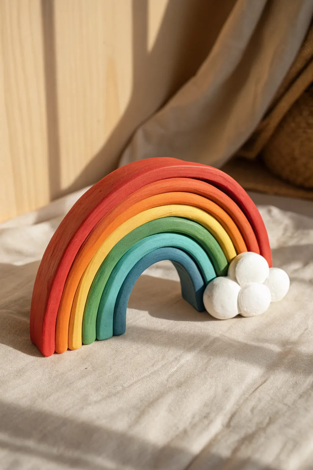 Rainbow coil arch with simple cloud ends, bold stripes, minimal styling, easy kid friendly shape