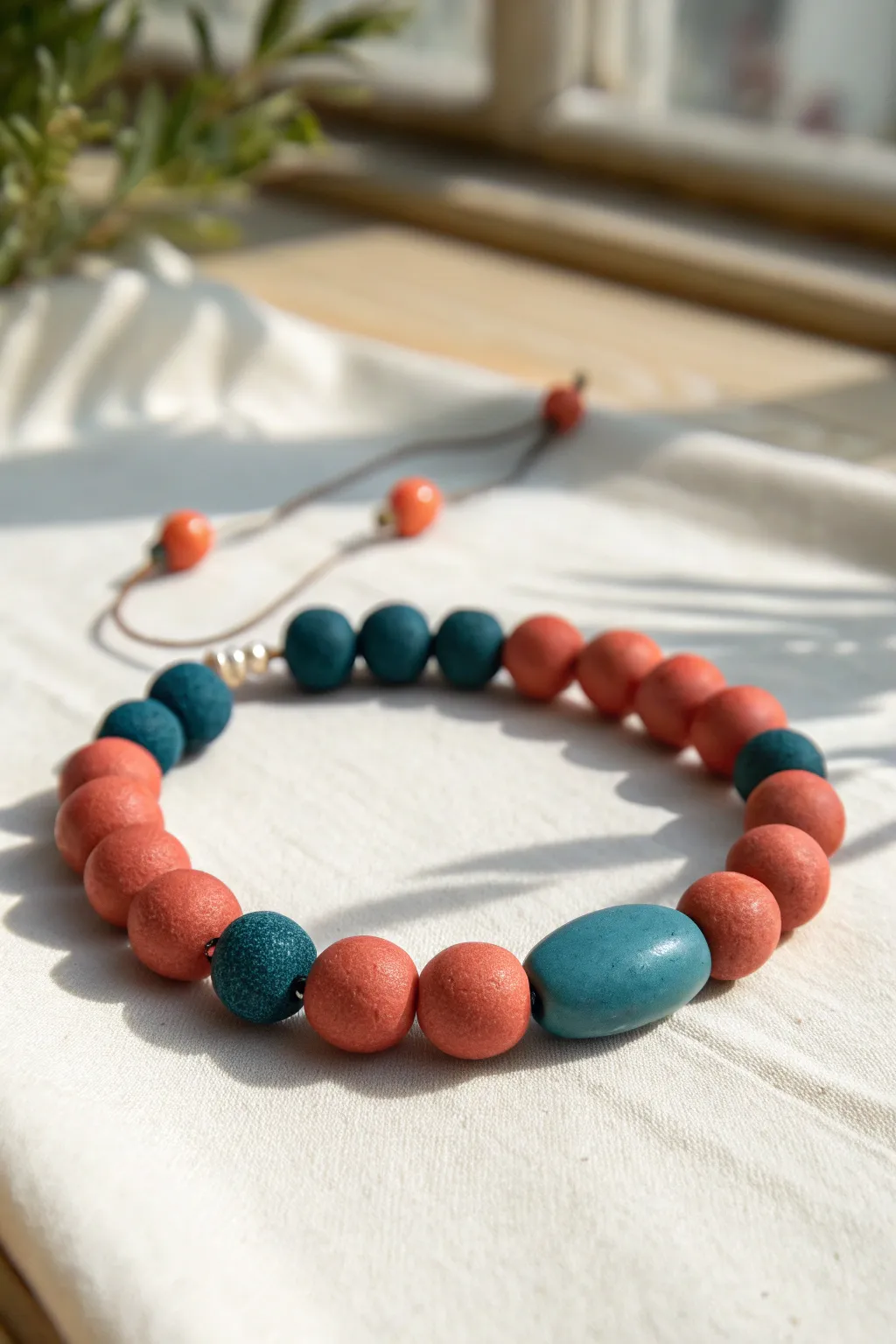 Single center charm clay bead bracelet, bold coral and teal on a clean Scandinavian backdrop