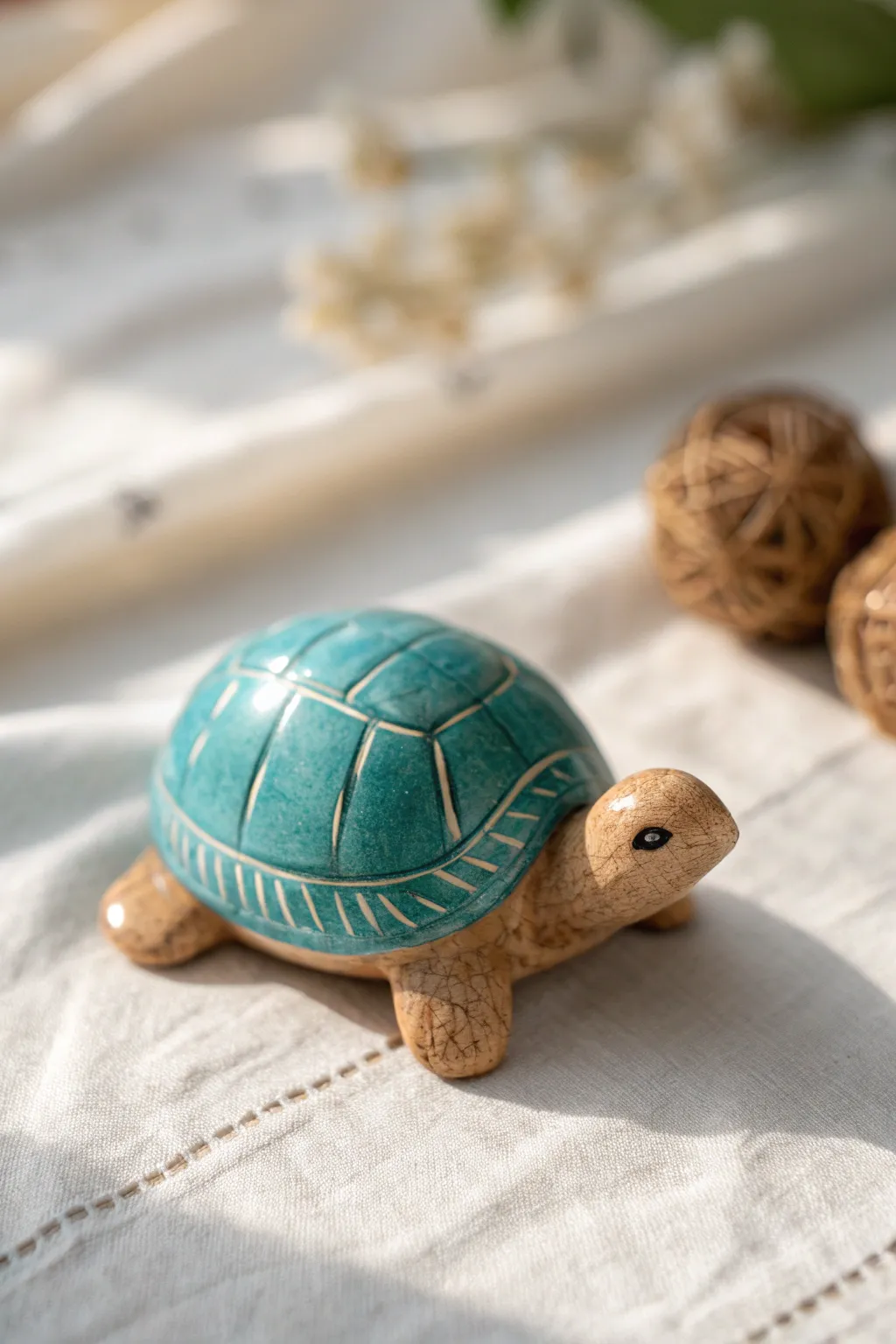 Mini clay turtle with a smooth dome shell and simple carved lines, calm Scandinavian boho vibes.