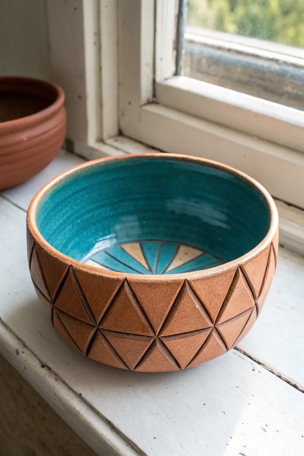 Triangular slab bowl with a subtle starburst base, minimalist Scandinavian style with boho warmth.