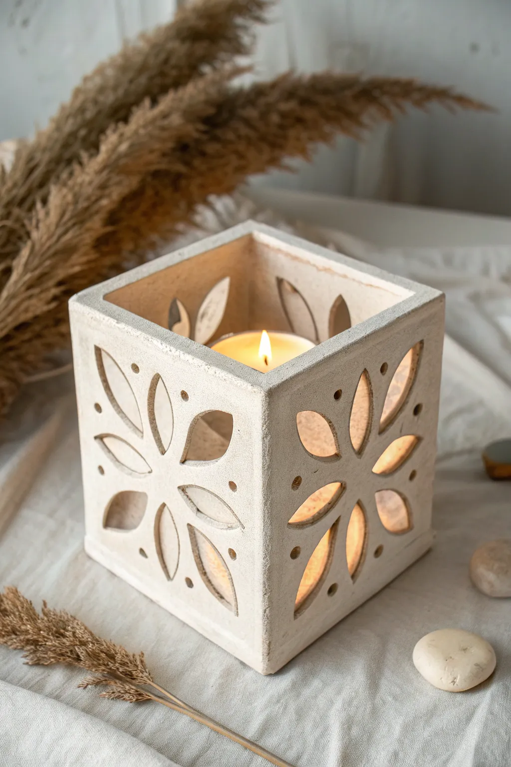 Minimal slab luminary with warm tealight glow and simple cutouts for cozy, modern style.