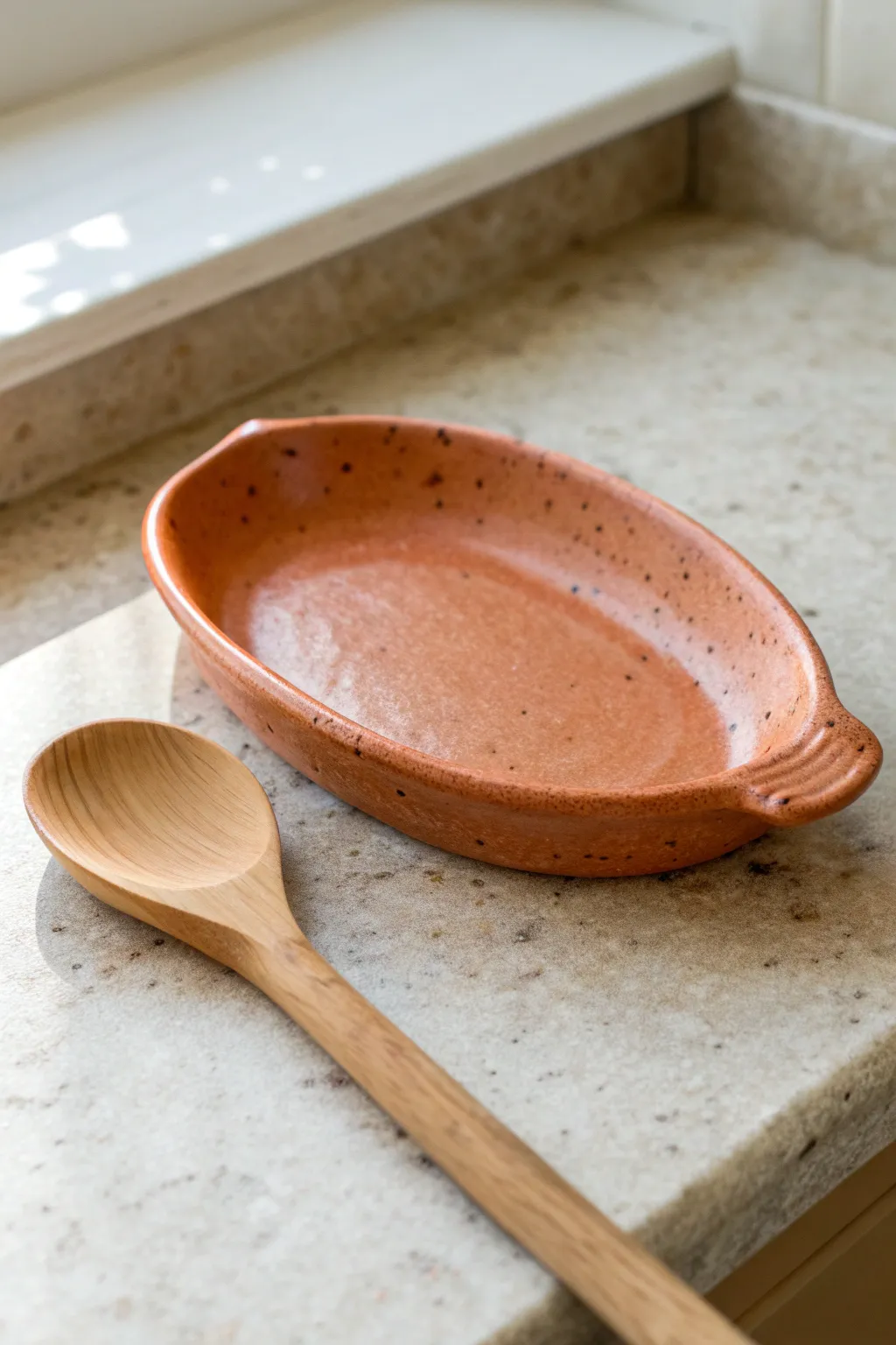 Minimal slab spoon rest with a carved notch groove, bold coral glaze, and cozy everyday styling.