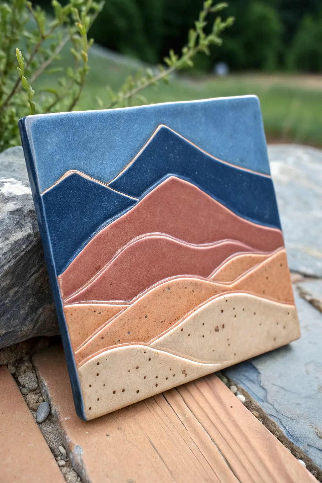 Stepped mountain slab relief tile with deep sky carving and a raised meadow in bold earthy tones