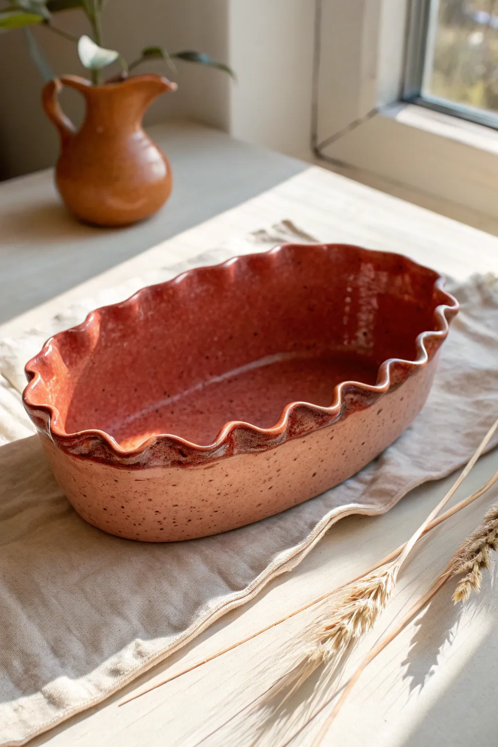 Slumped oval slab vessel with a playful wavy rim, minimalist form in bold color.