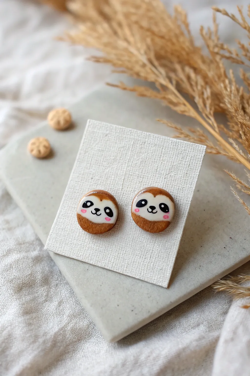 Tiny sloth stud earrings in soft clay tones, perfect beginner project with big cozy charm.