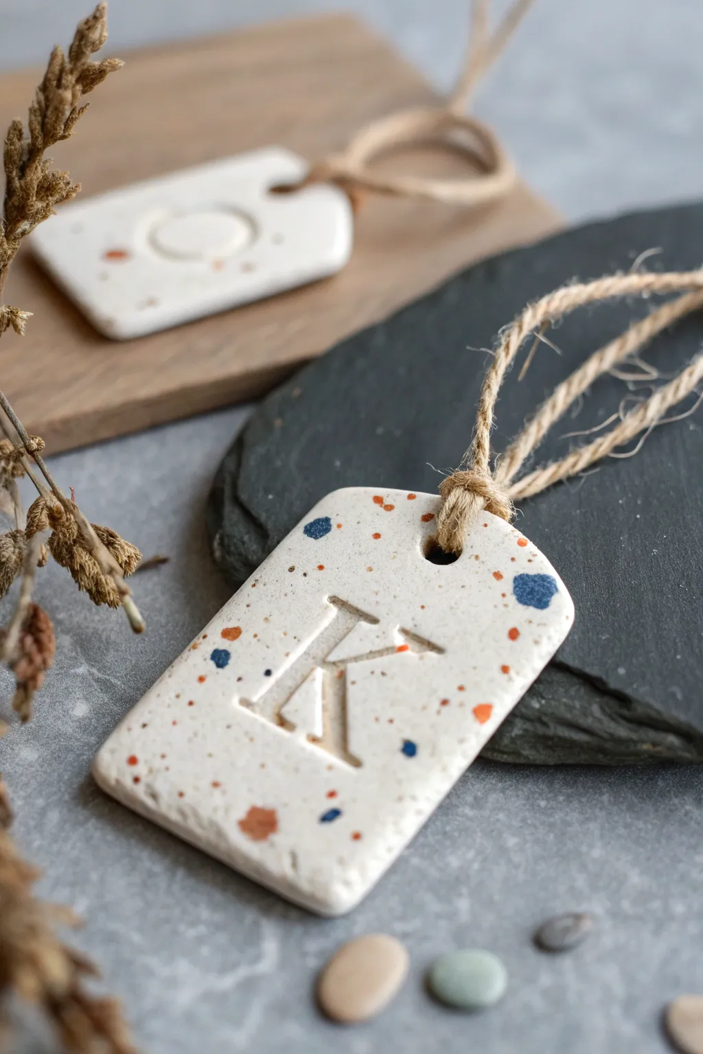 Speckled air dry clay initial tag with jute twine, a minimalist boho gift-ready detail