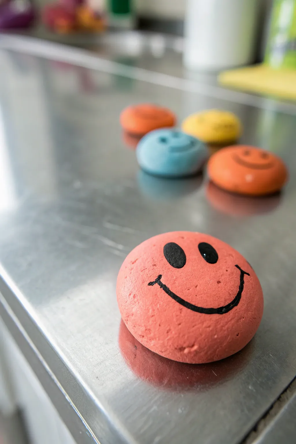Mini smiley clay magnets in bold colors, a simple cheerful idea for small clay art projects.