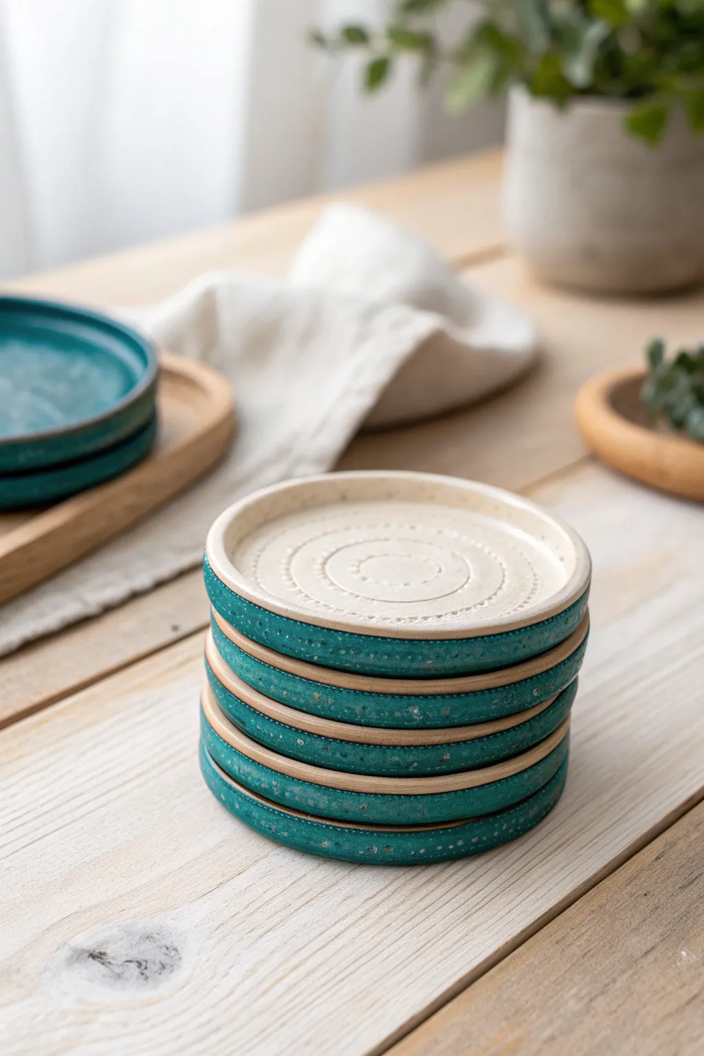 Textured mini clay coasters with bold painted edges, perfect small craft for cozy tables.