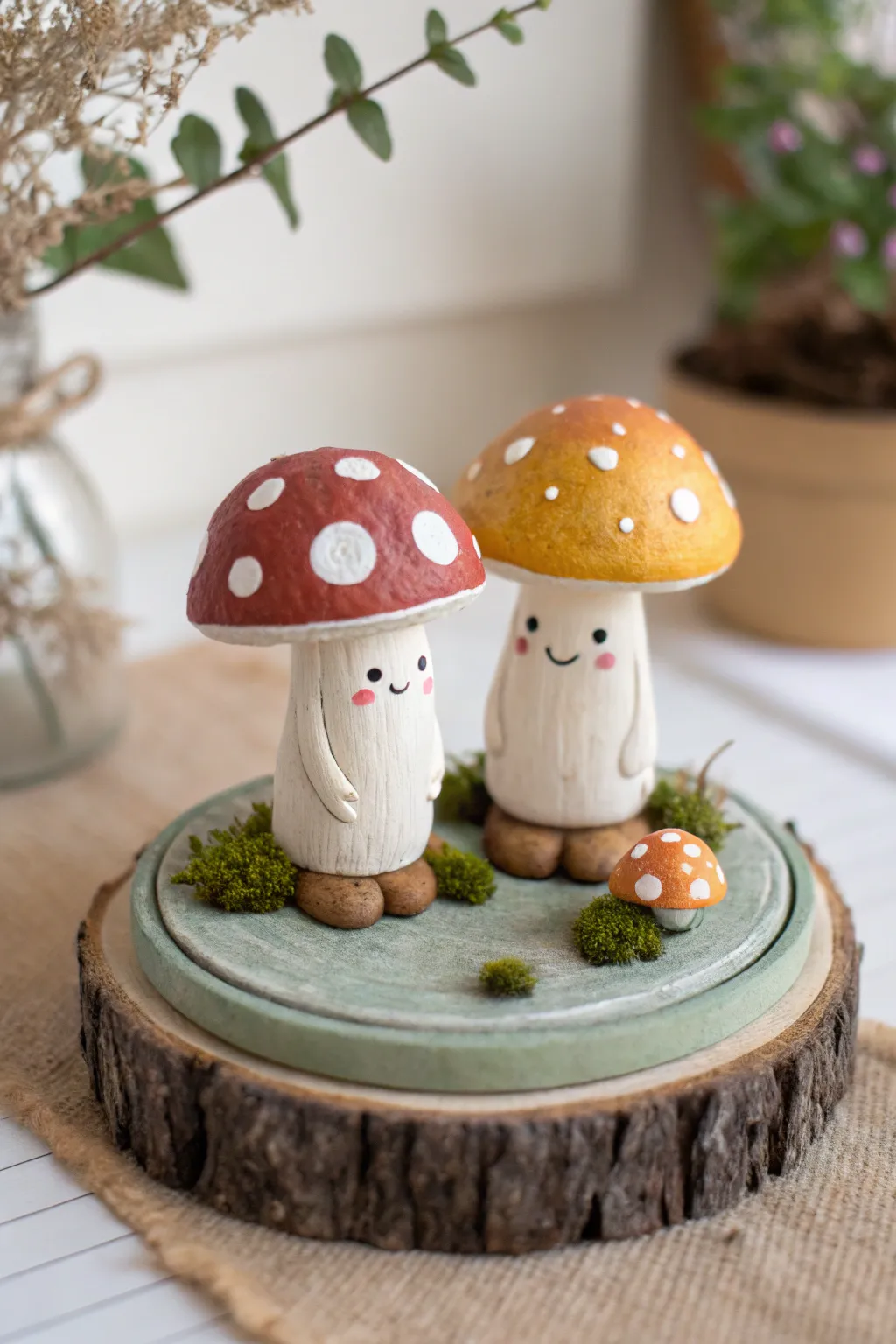 Two adorable mushroom people with tiny boots, bold caps, and a minimal forest base.