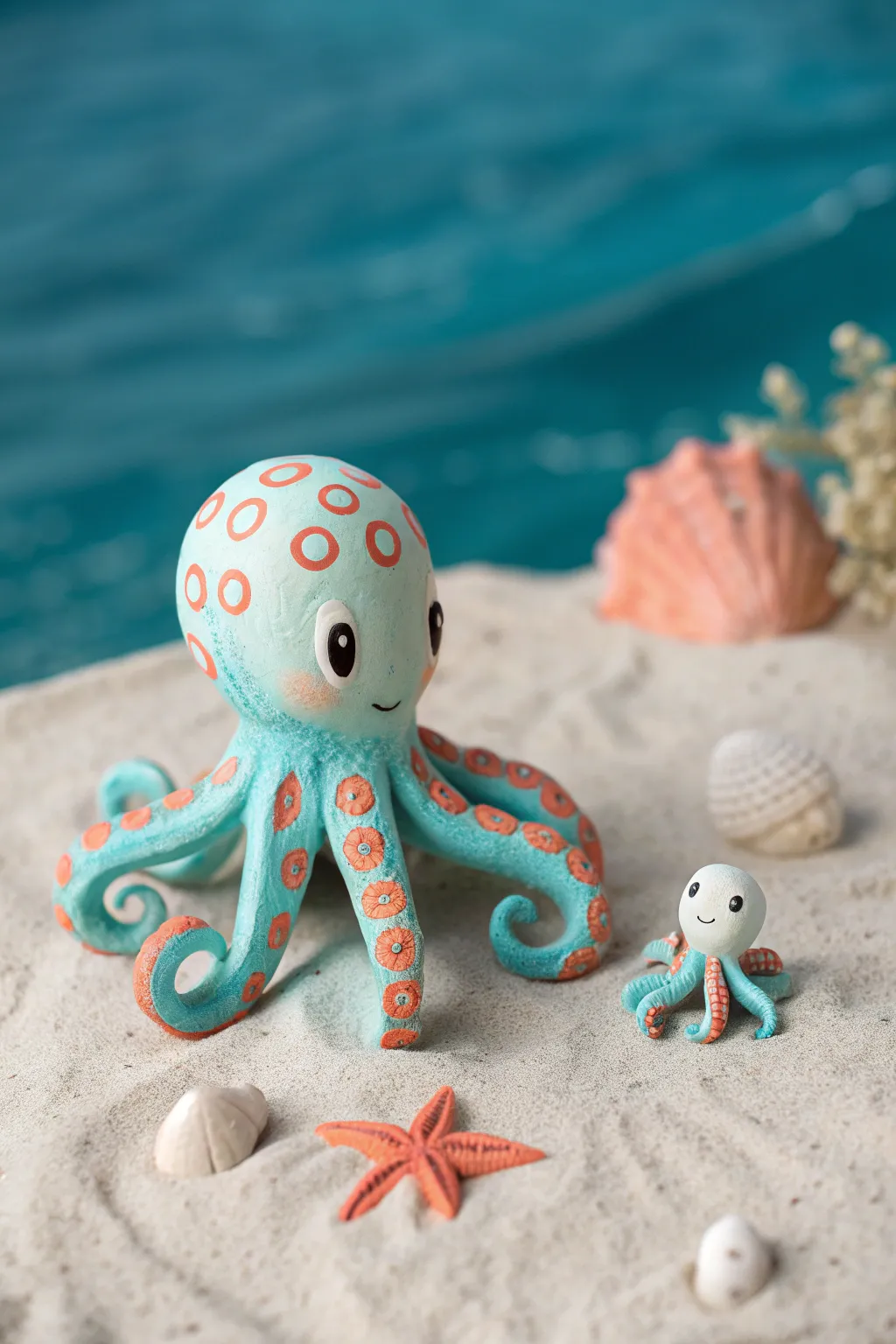 Tiny clay octopus duo in ocean blues, minimal boho style perfect for beginner figurine ideas.