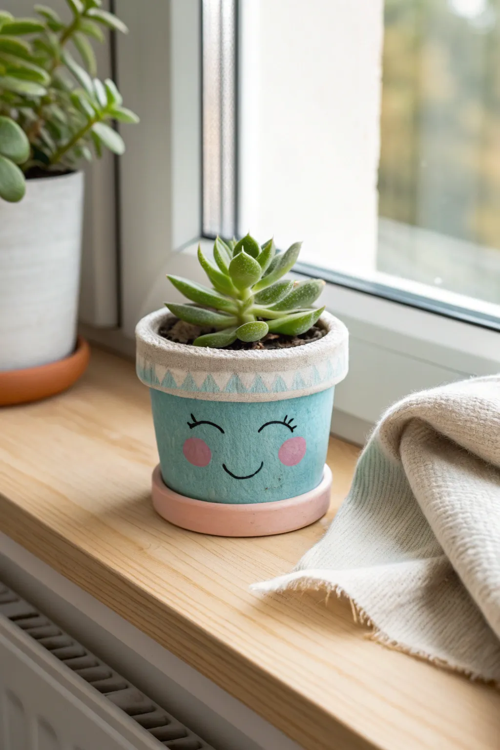Tiny smiley mini planter with faux succulent on a sunny windowsill, bold color pop, cozy minimal