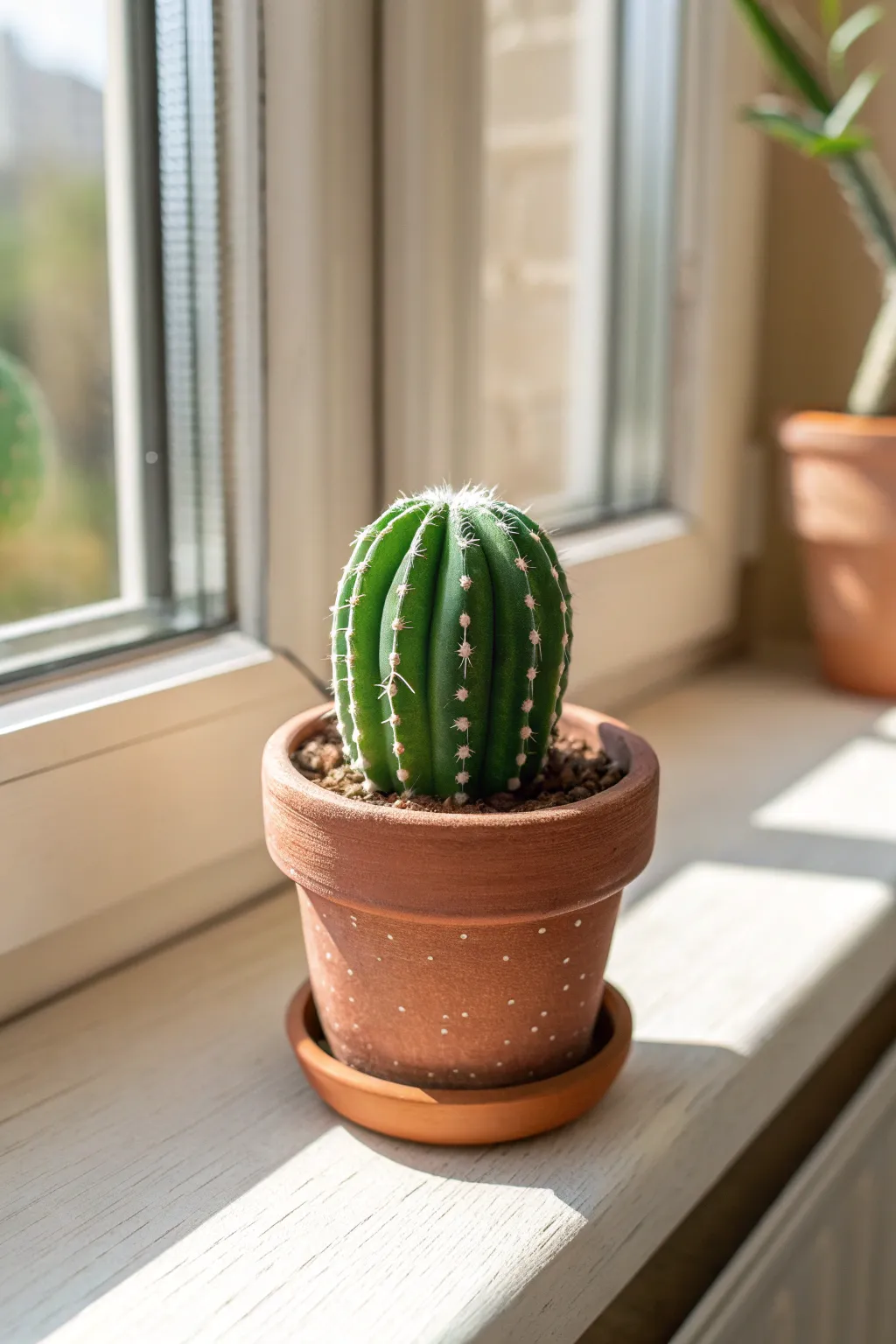Mini clay cactus desk buddy with etched details, styled on a sunny windowsill in bold, natural tones