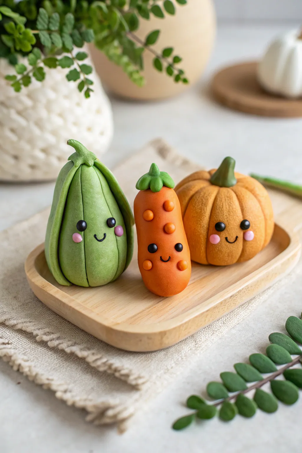 Mini clay veggie friends in bold colors: pea pod, carrot, and pumpkin with sweet smiles