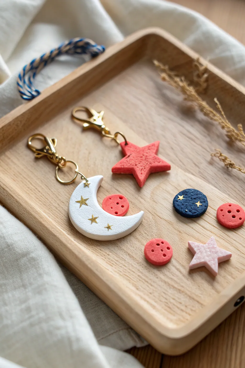 Mini polymer clay charms in star, moon, and fruit shapes, ready to turn into cute keychains.