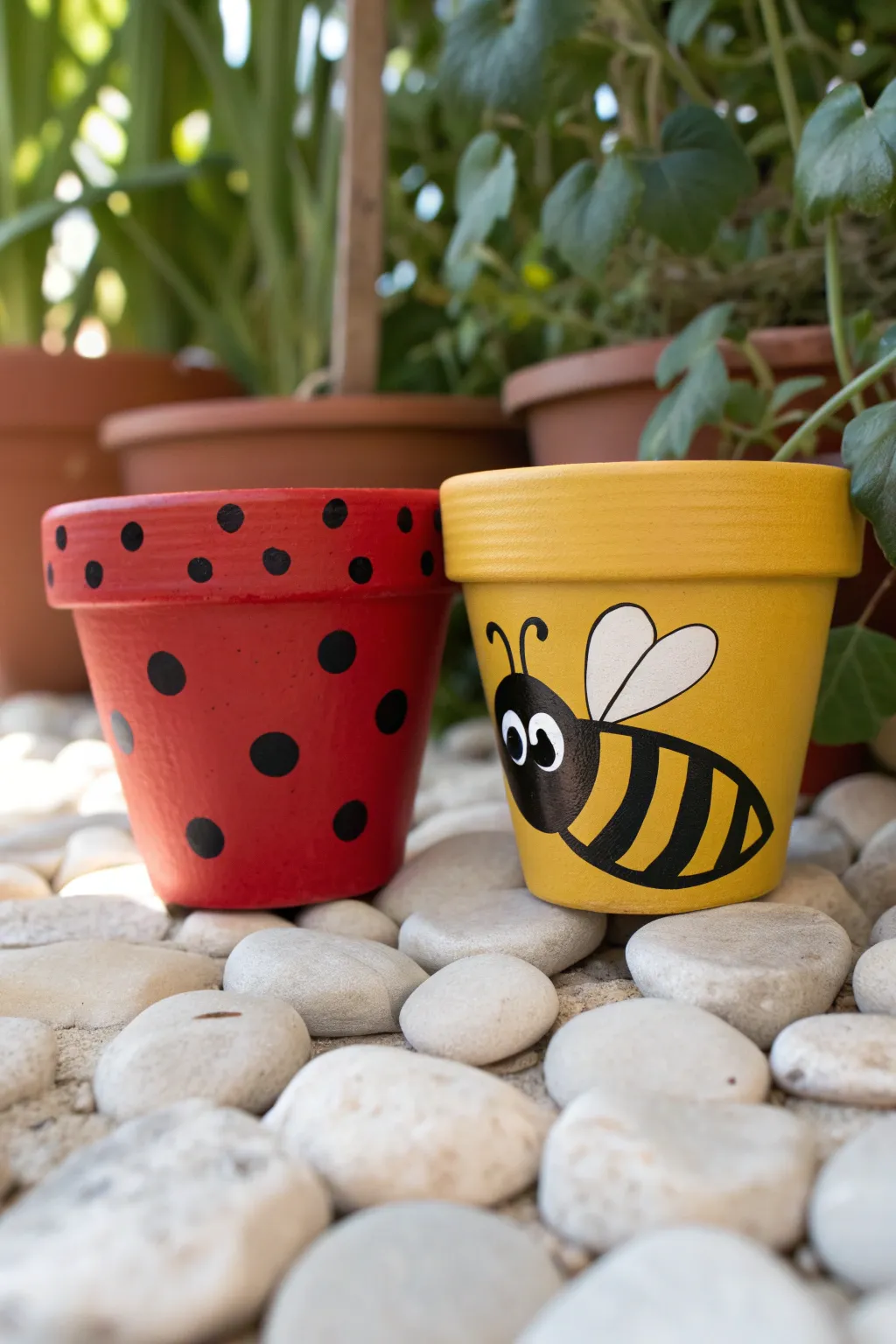DIY ladybug and bee terracotta pot duo, bright and minimal, perfect for cheerful garden decor.
