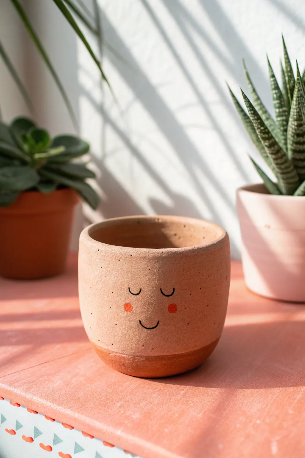 Mini face pot with rosy blush cheeks on a bright surface, simple, sweet, and handcrafted.