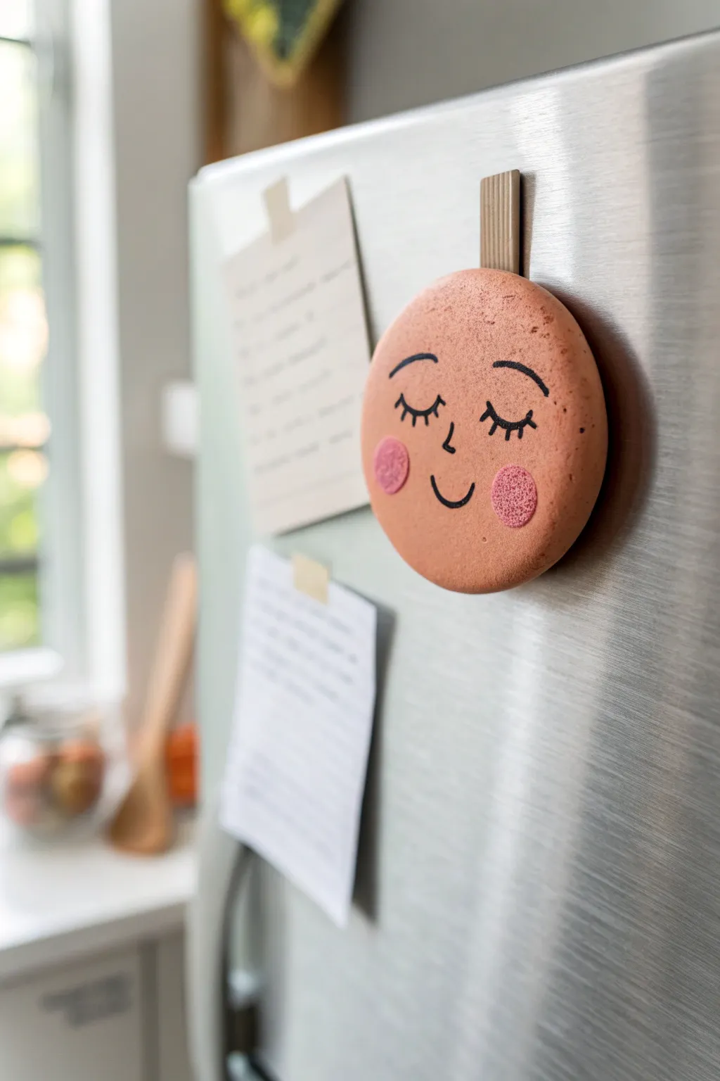 Handmade clay face magnet with blush cheeks and a bold minimalist pop of color