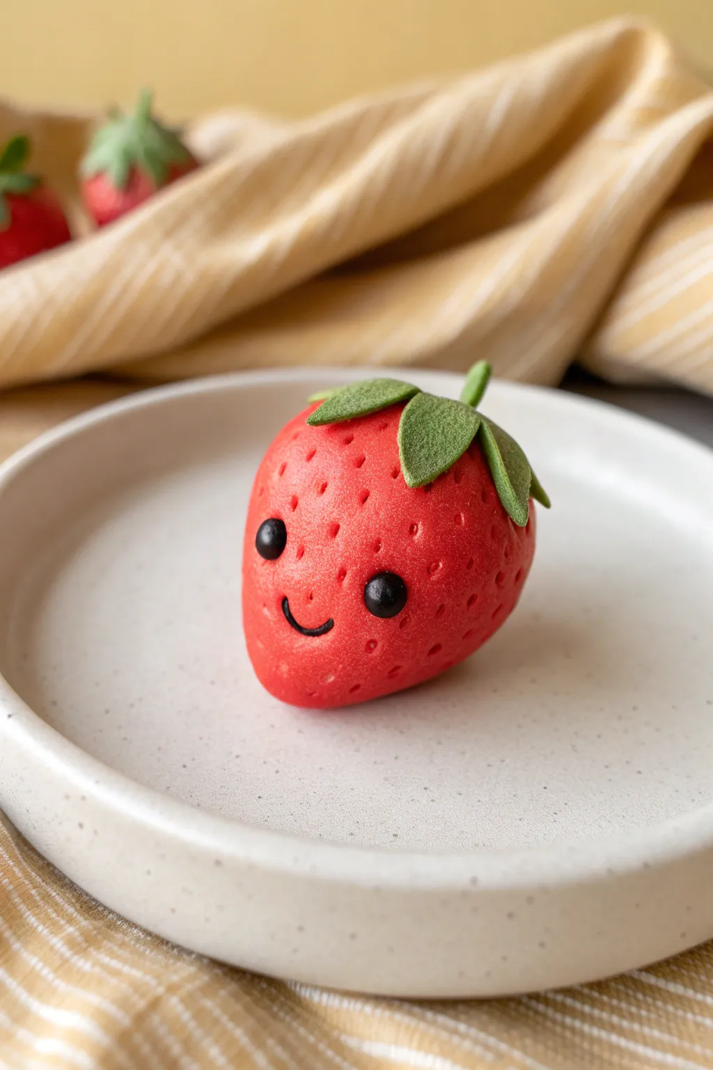 Tiny strawberry clay mini with a sweet face, bold red on a clean plate, minimalist charm.