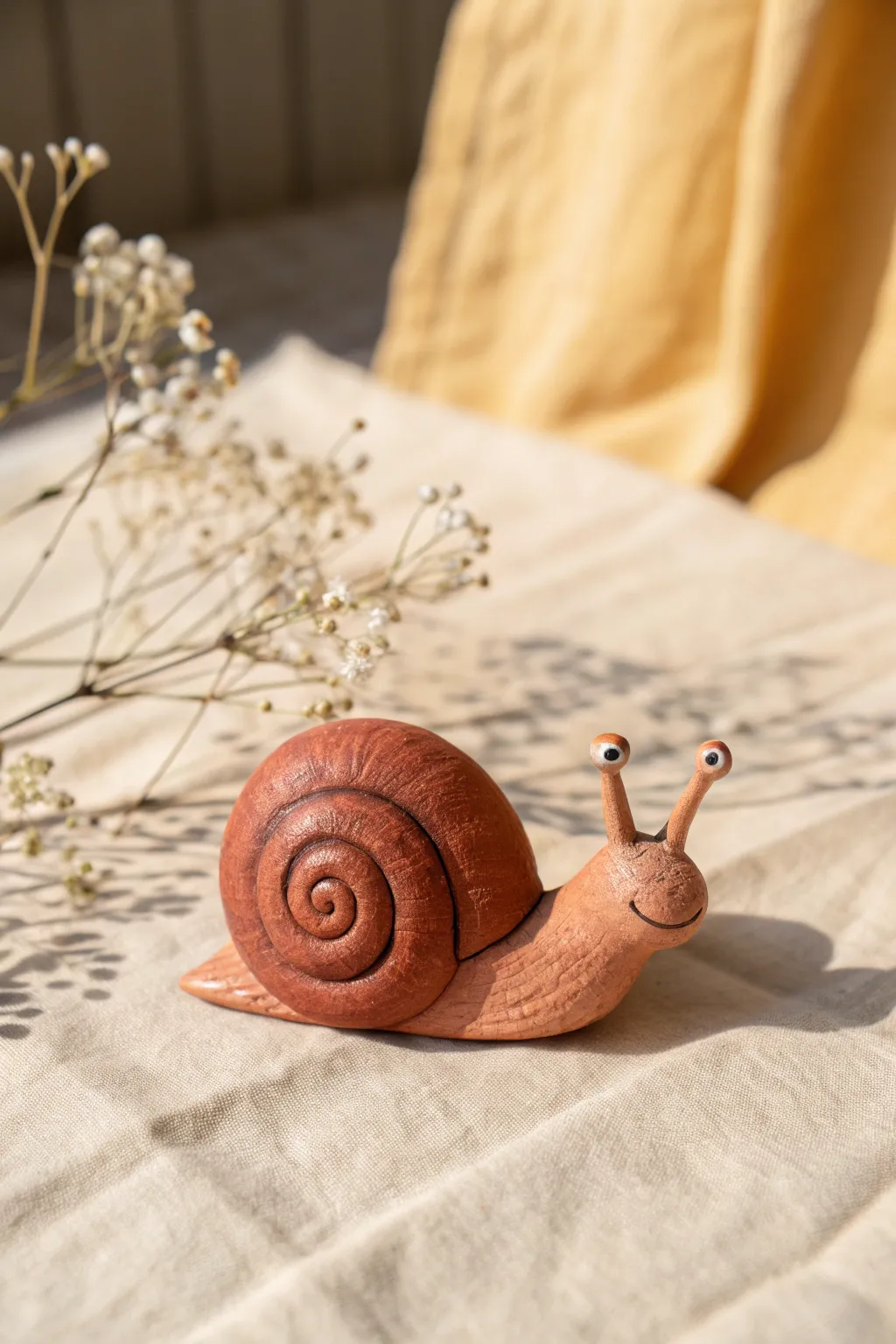 Tiny clay snail with a bold spiral shell, minimalist styling and warm earthy contrast.