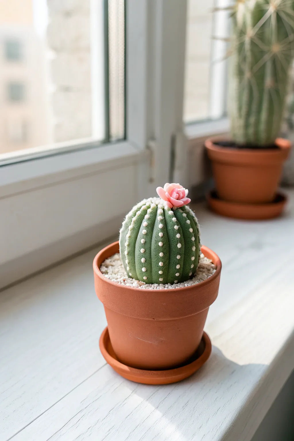 Tiny polymer clay cactus mini with simple spines and a sweet bloom, perfect desk decor.