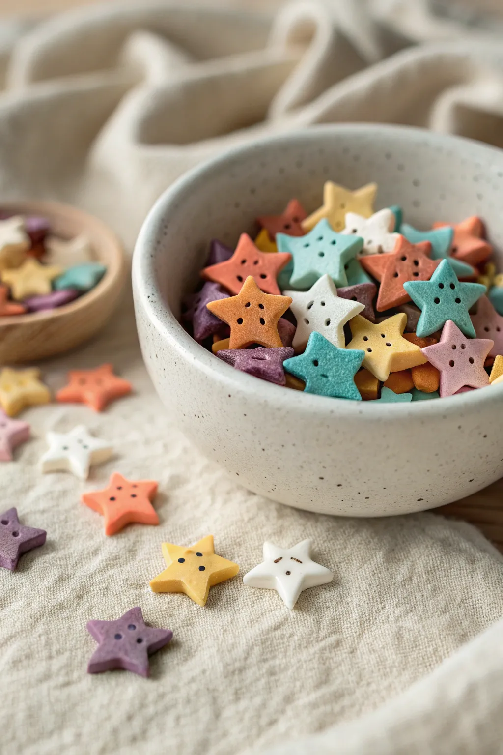 Tiny star and moon clay sprinkles with kawaii faces for dreamy boho minimalist decor.
