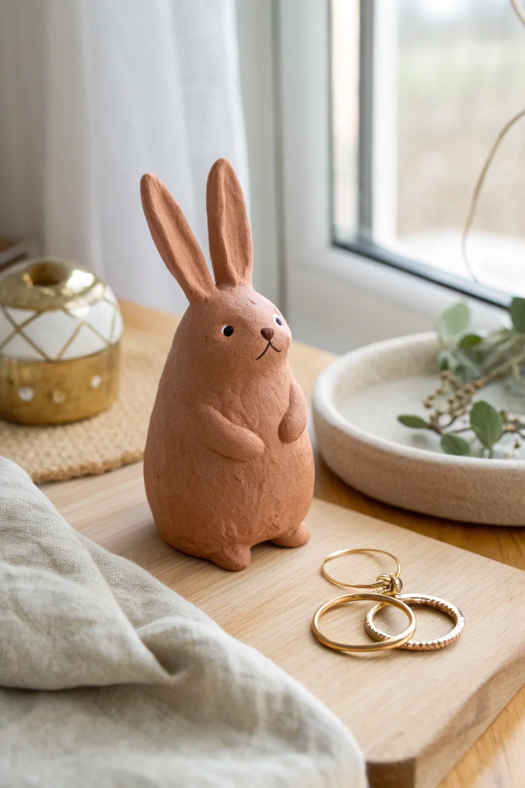 Chubby bunny ring holder in soft air dry clay, minimalist boho styling with bold color pop