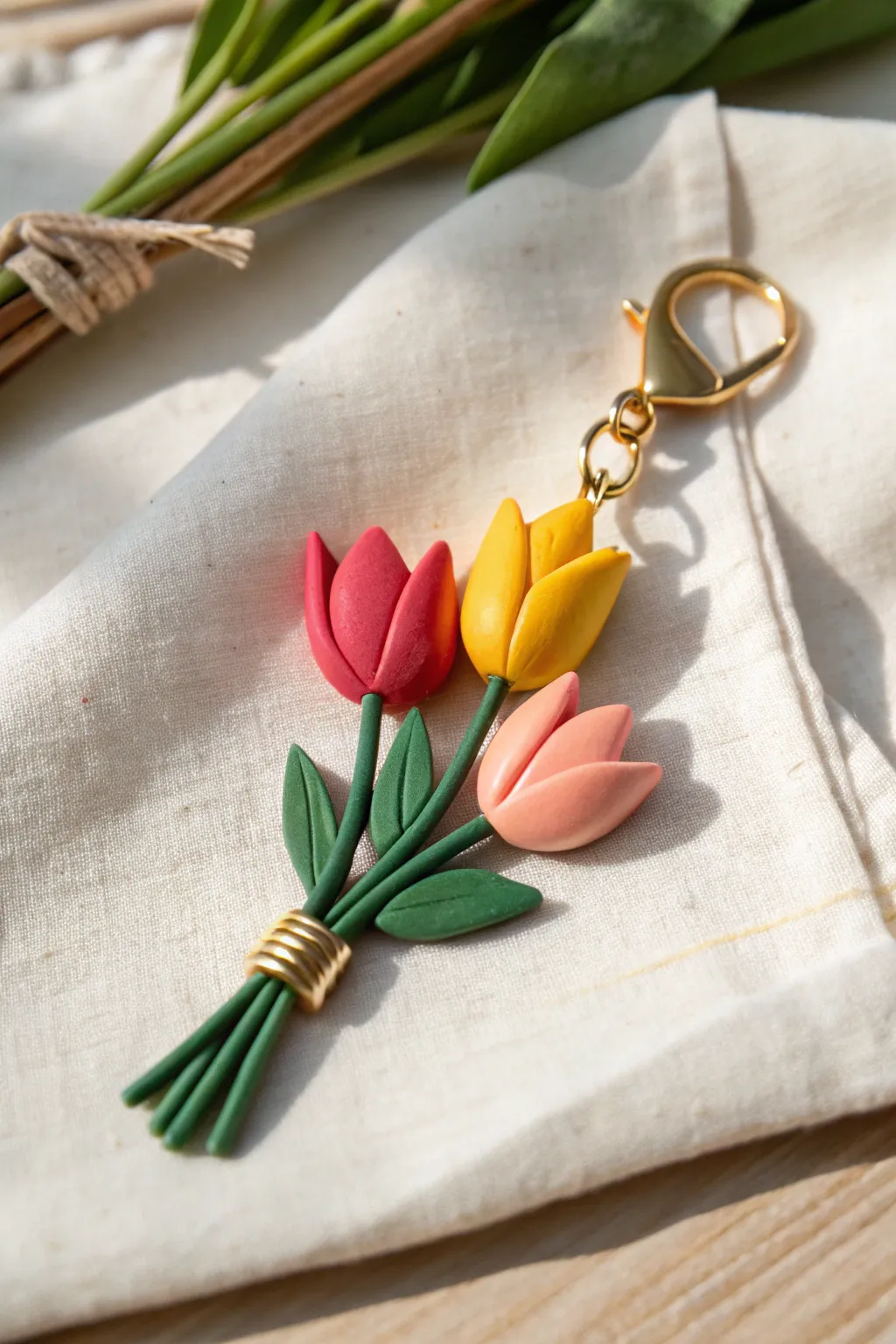 Bright soft clay tulip bouquet charm with clean color blocks, minimalist boho vibe.