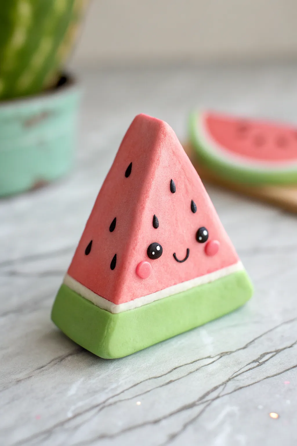 Sweet watermelon slice clay charm with blush cheeks on turquoise backdrop, simple and sunny.