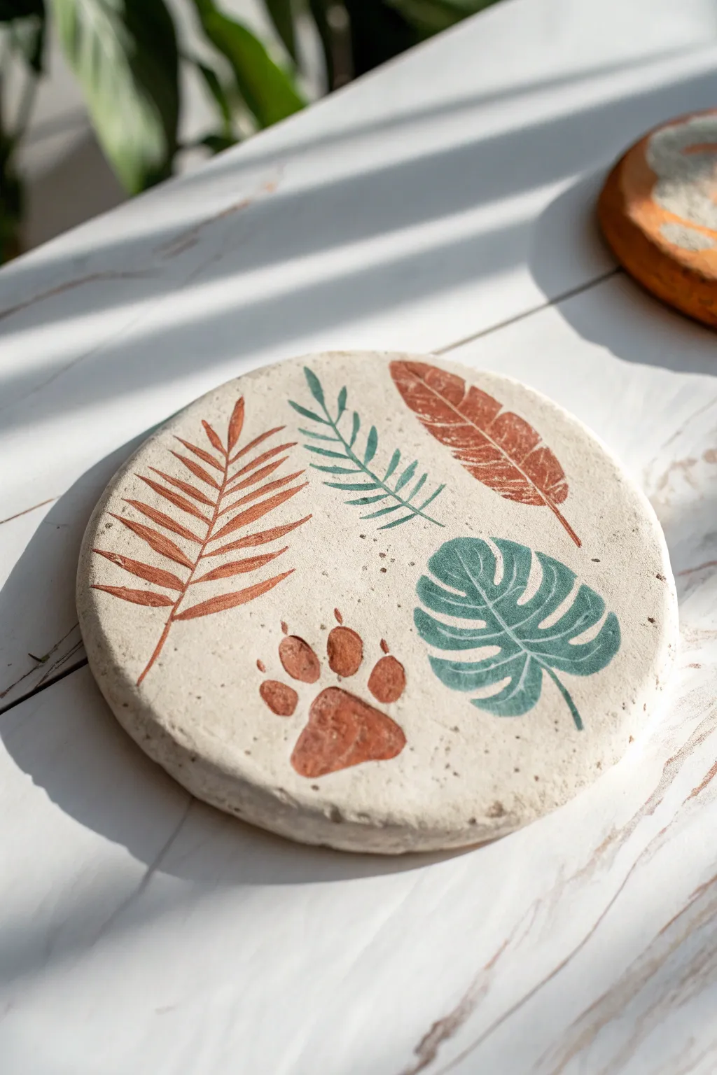 Simple dino fossil clay disc with bold color wash, clean contrast, and kid-friendly texture.