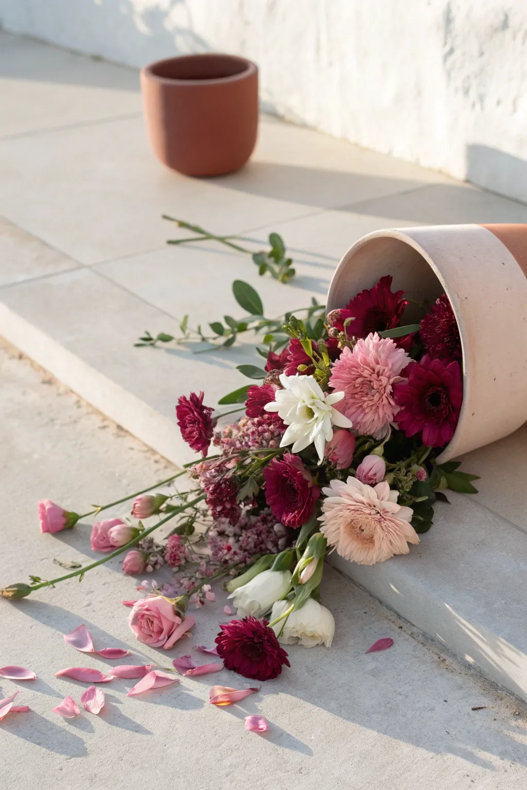 Ombre spilled blooms from deep burgundy to blush, flowing from a tipped broken pot.