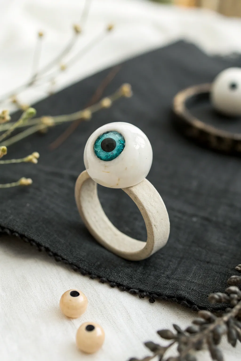 Spooky-cute clay eyeball ring with simple matching beads on dark linen for bold contrast