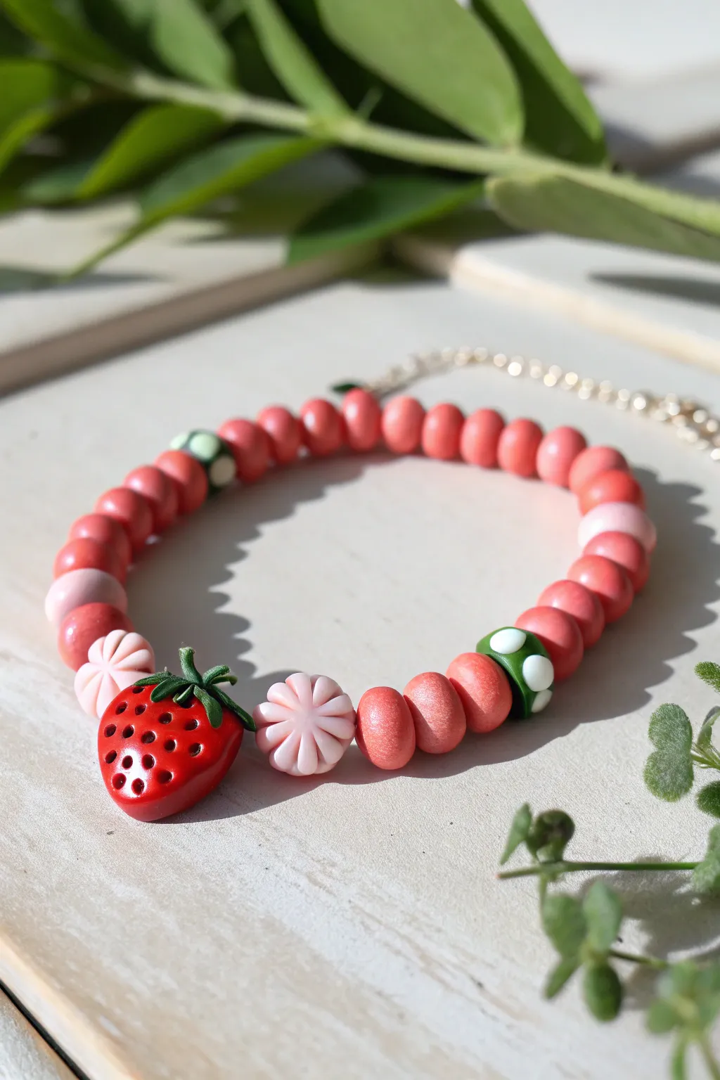 Strawberry Sweet Pop bracelet: rosy clay discs and a cute strawberry charm for fresh spring vibes.