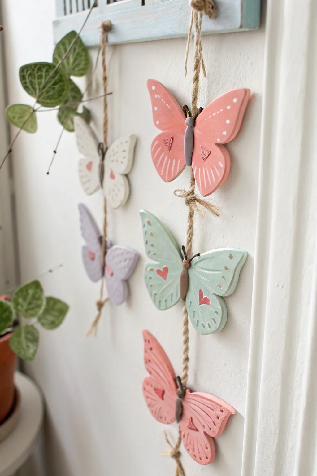 Pastel butterfly clay charms on twine bring soft spring charm to a bright minimalist wall.