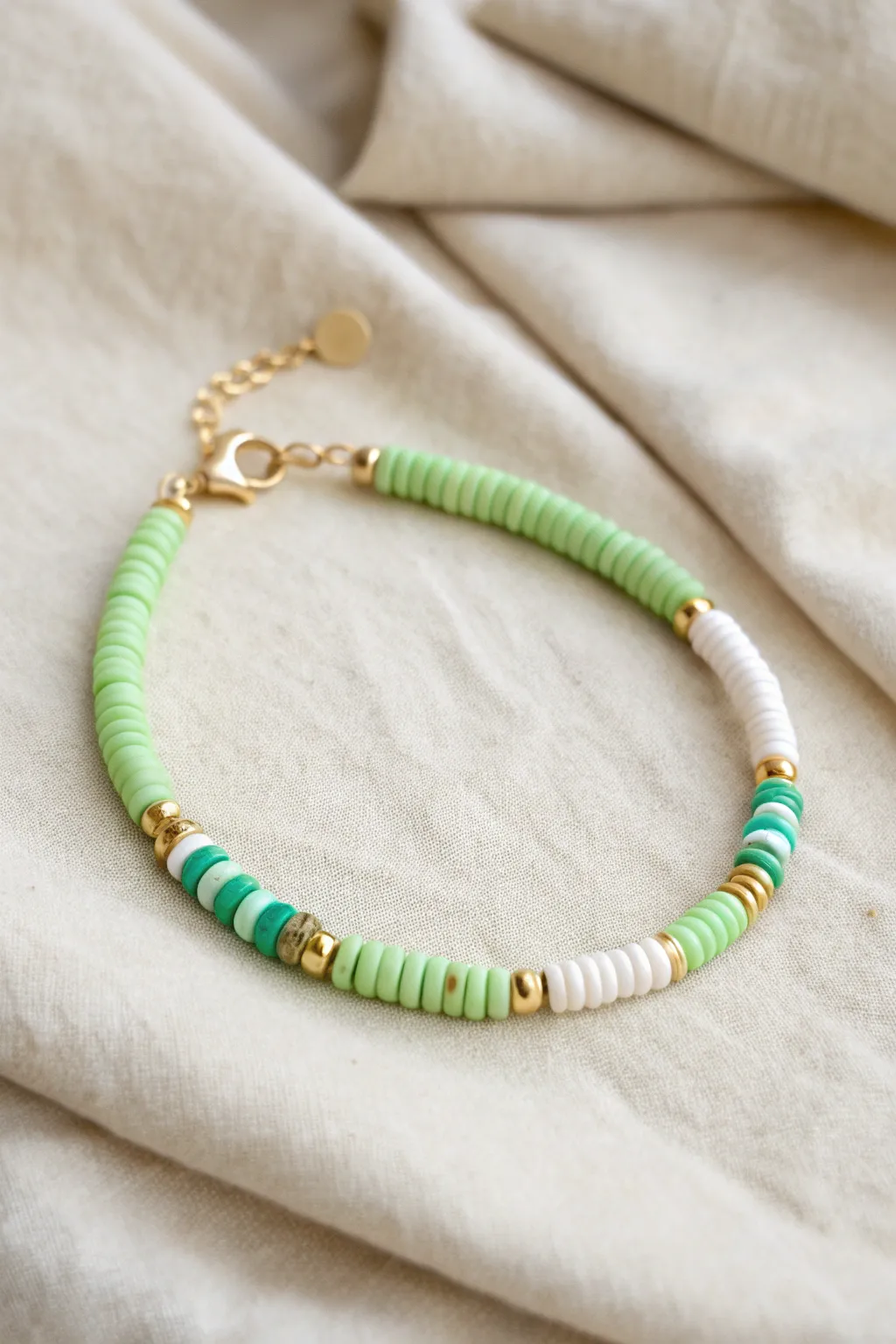 Mint, lime, emerald, and white confetti beads for a bright St. Patrick’s Day bracelet