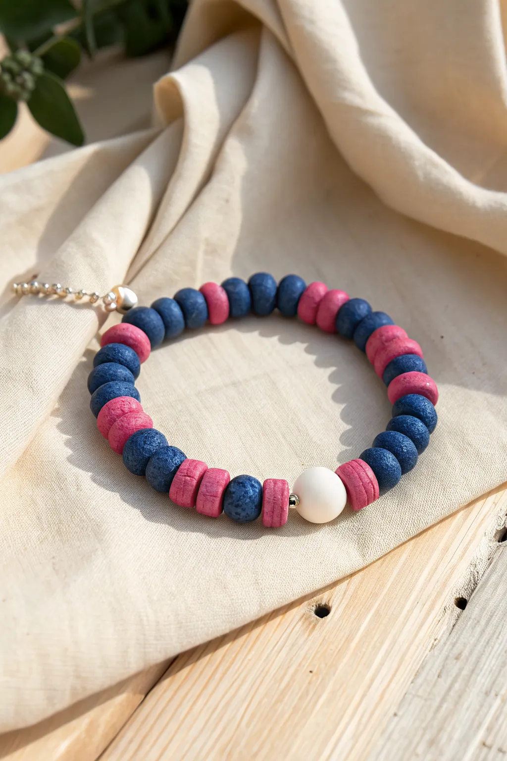 Candy pink and deep blue stitch clay beads alternate, with one white center bead as a focal pop.