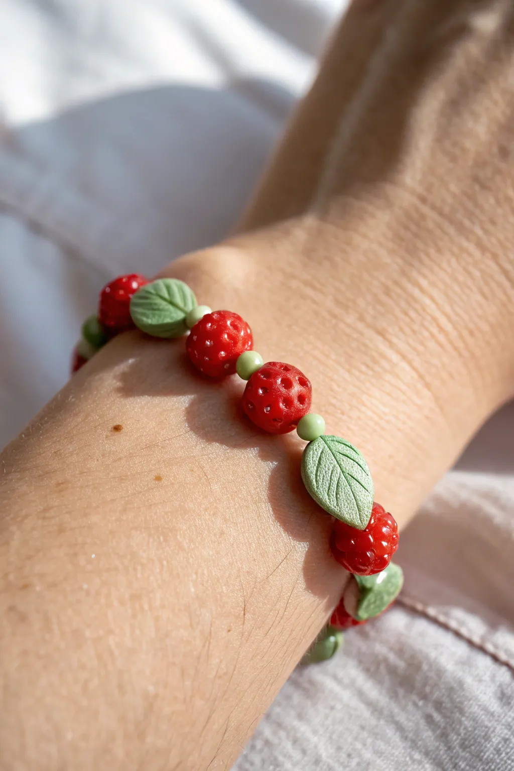 Strawberry-seed red beads with leafy green accents for a bold, minimalist boho bracelet.