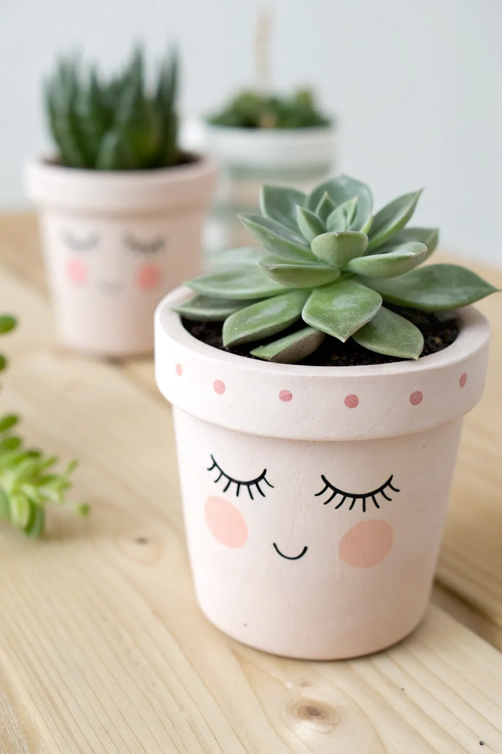 Sleepy eyes and blush cheeks turn a simple terra cotta pot into a sweet succulent character