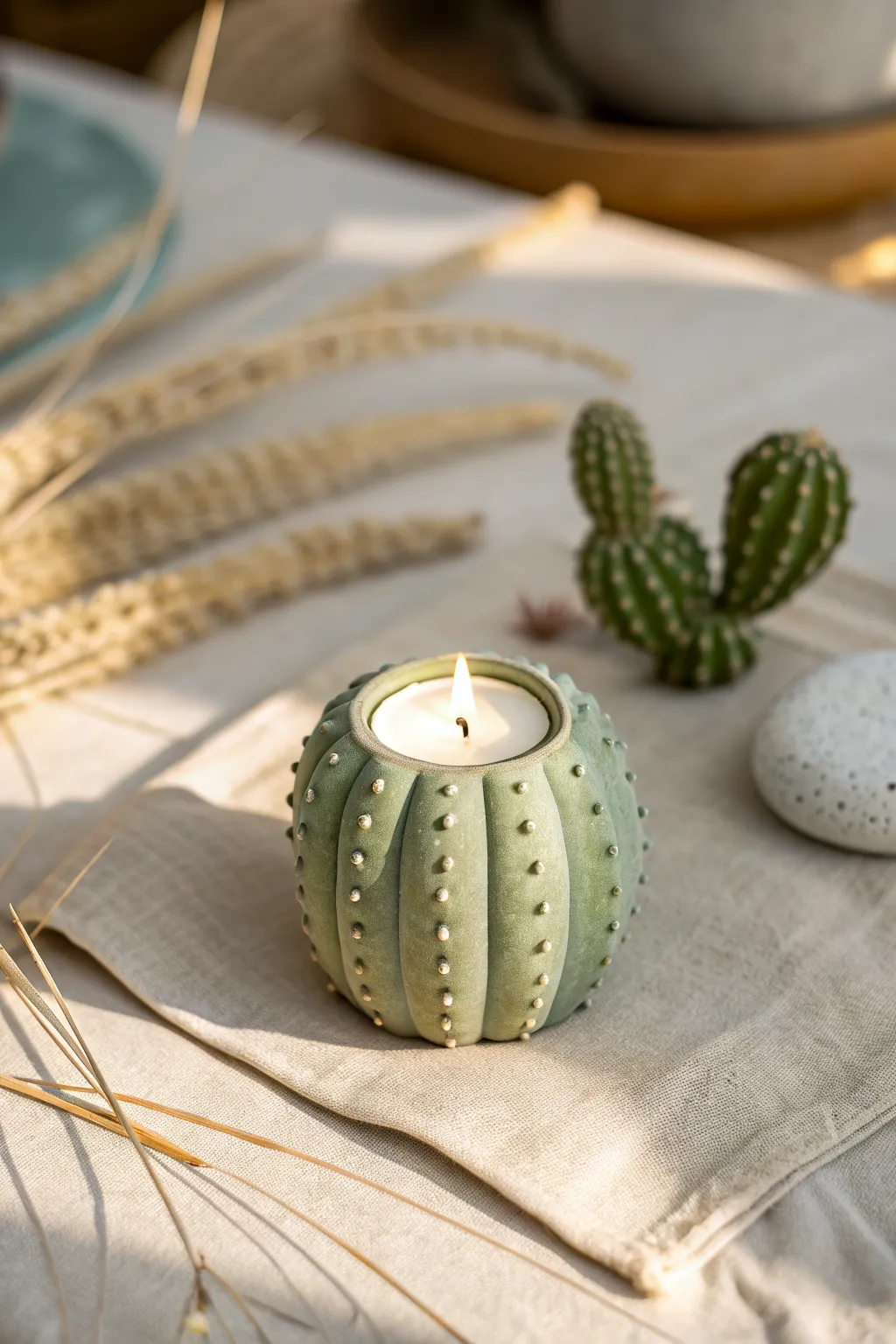 Soft green air dry clay cactus tea light holder, minimalist summer decor with boho warmth